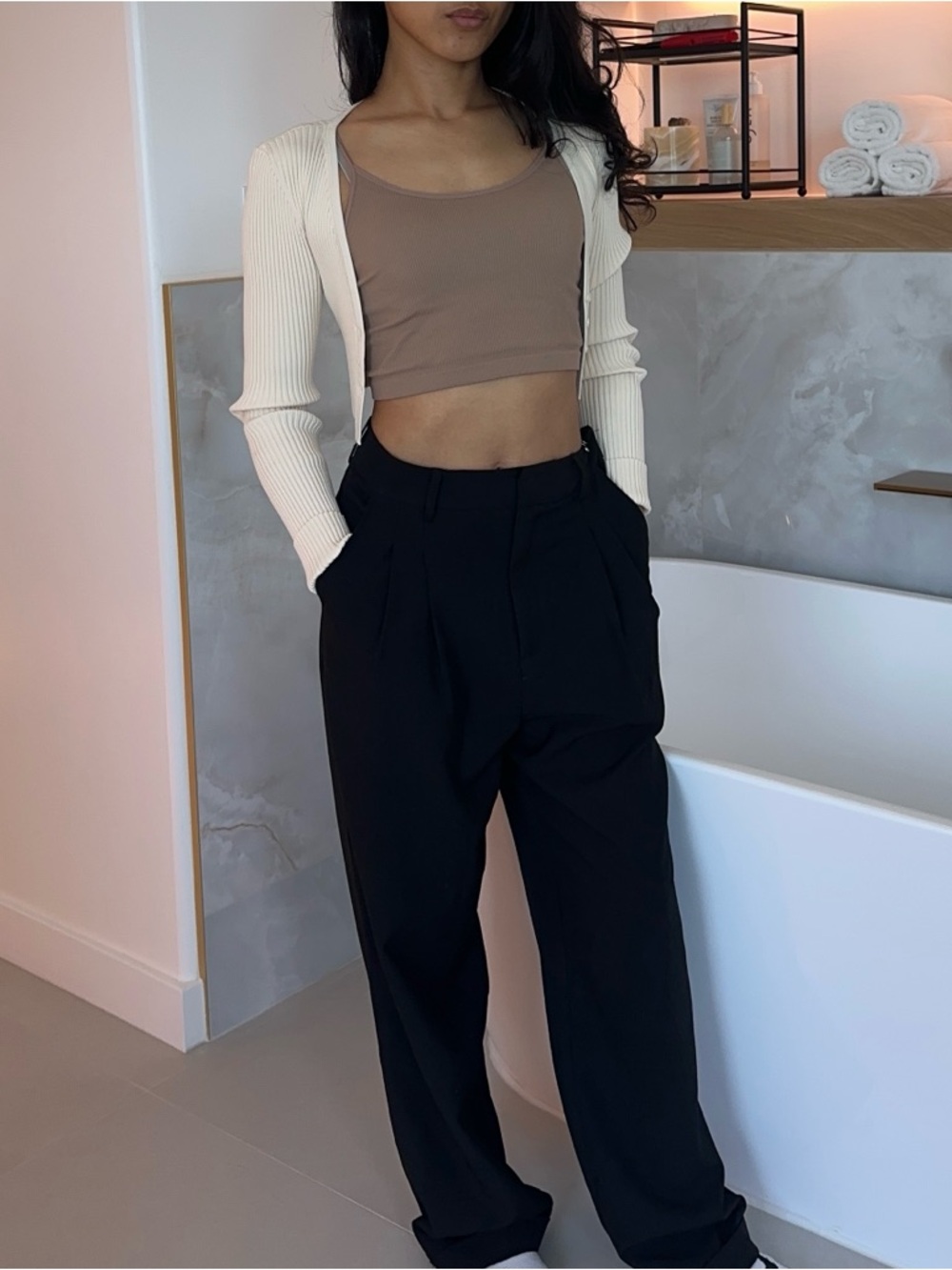 ALC Cropped Ribbed Hallie Cardigan in Oatmilk